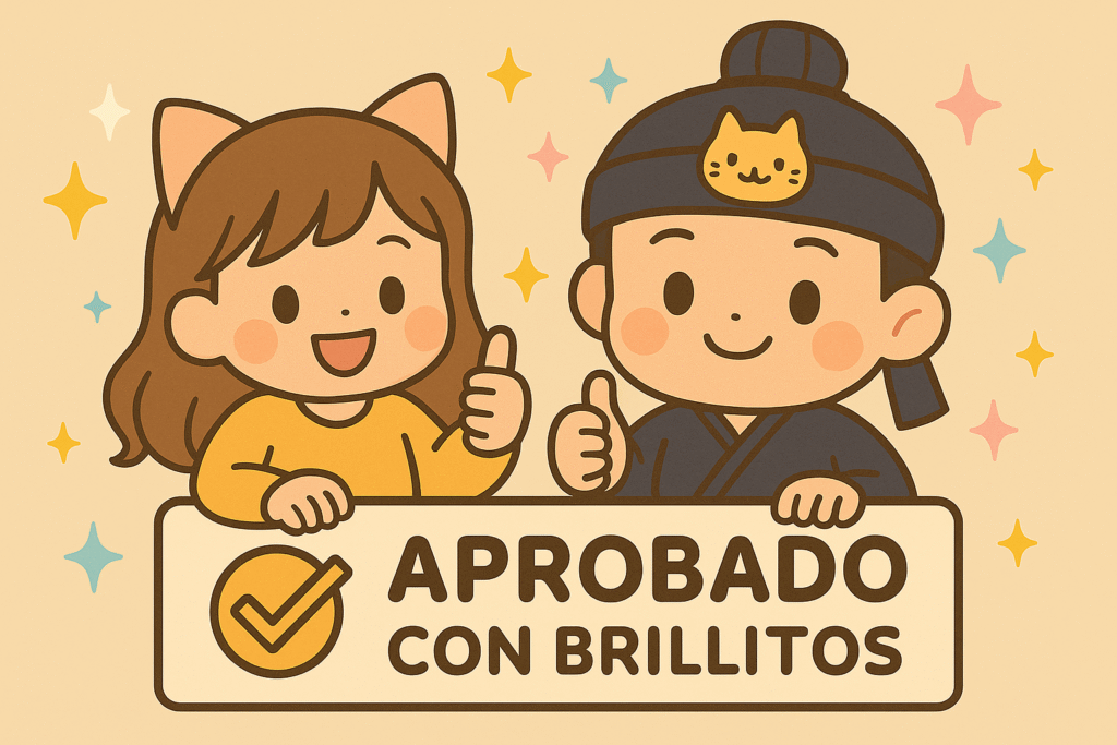 Ilustración kawaii de Lina y Jun con pulgares arriba junto a un letrero con la frase 'Aprobado con brillitos', representando los cursos y materiales recomendados en Hazlo con Brillitos.