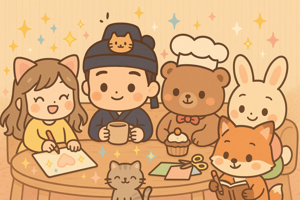 Equipo Hazlo con Brillitos – Ilustración kawaii para la sección Quiénes somos. Ilustración kawaii del equipo de Hazlo con Brillitos: Lina, Jun, Michi, Koko, Luna y Zuki reunidos alrededor de una mesa creativa con manualidades y recetas, dando la bienvenida a una comunidad de manualidades y recetas fáciles y saludables.