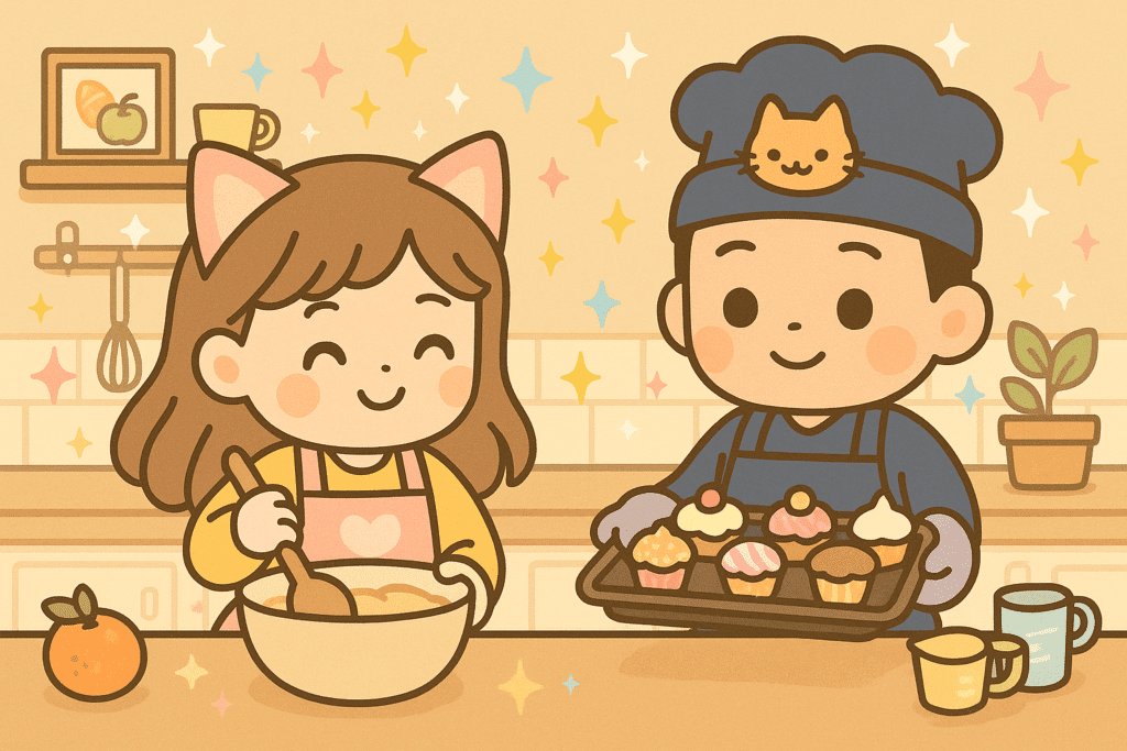 “Recetas caseras fáciles y creativas en estilo kawaii, con Lina y Jun cocinando en una cocina pastel”.