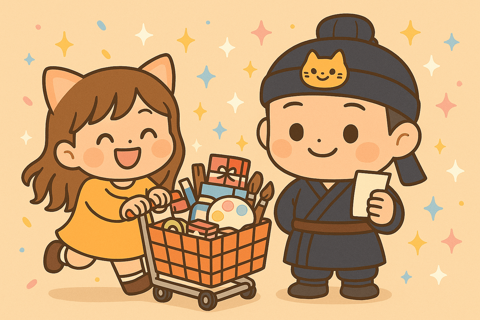 Ilustración kawaii de Lina feliz con un carrito de compras lleno de cositas coloridas, junto a Jun vestido con traje tradicional sosteniendo una lista de compras levantada. Imagen para tienda online Hazlo con Brillitos.