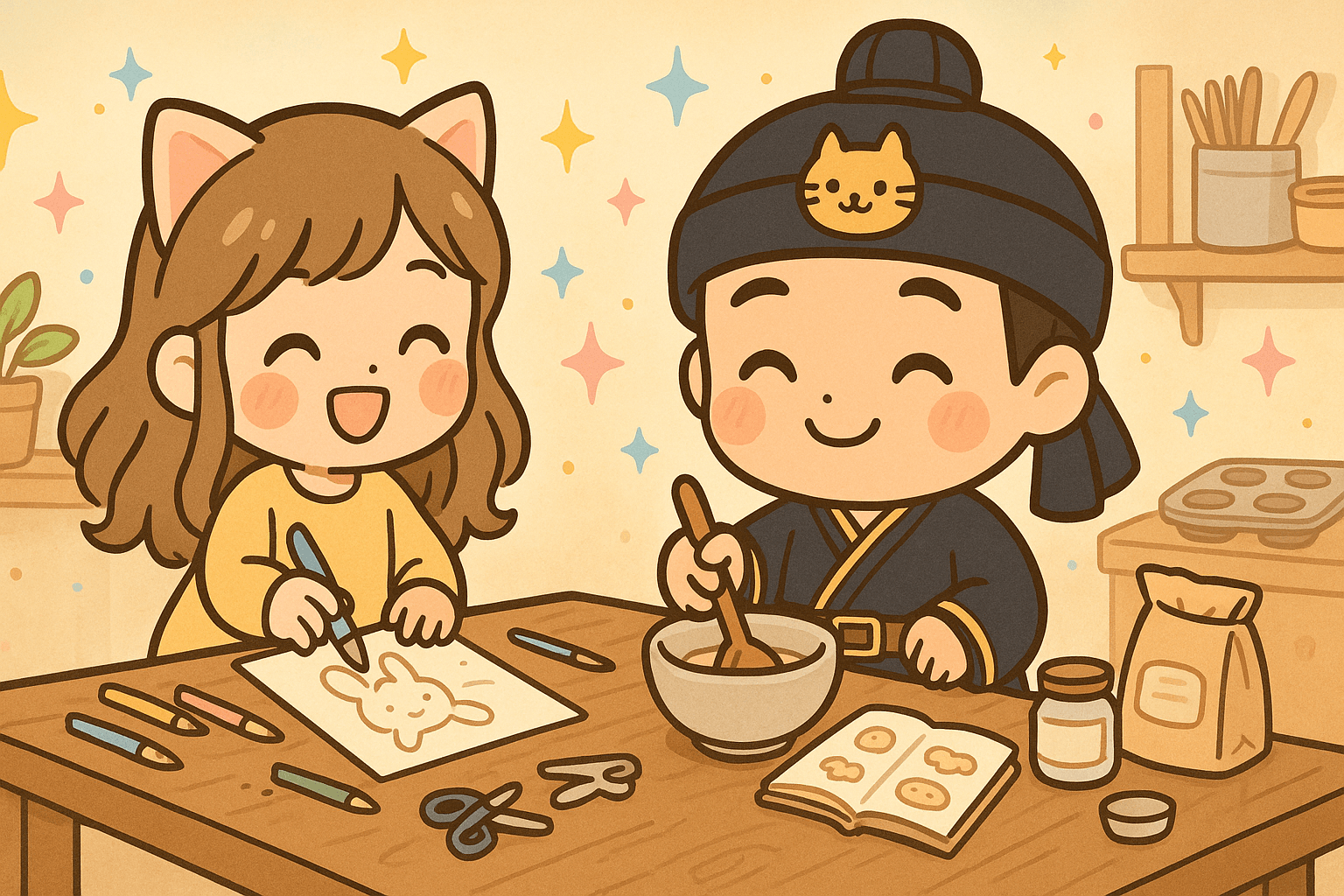 Lina y Jun dan la bienvenida a la página de hazlo con brillitos, creando en el taller.