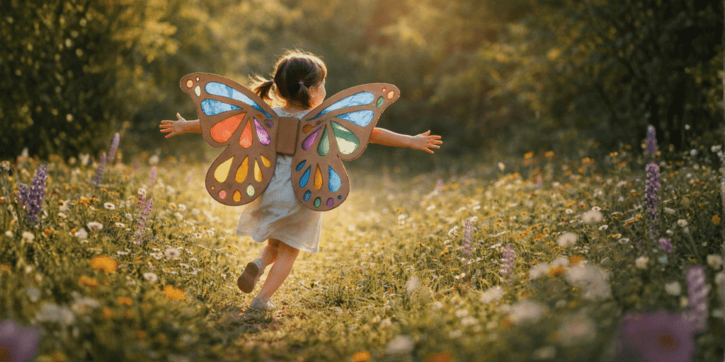 Niña corriendo con disfraz de alas de mariposa arcoiris con celofón o papel crepé. Disfraz casero con plantilla gratis para imprimir