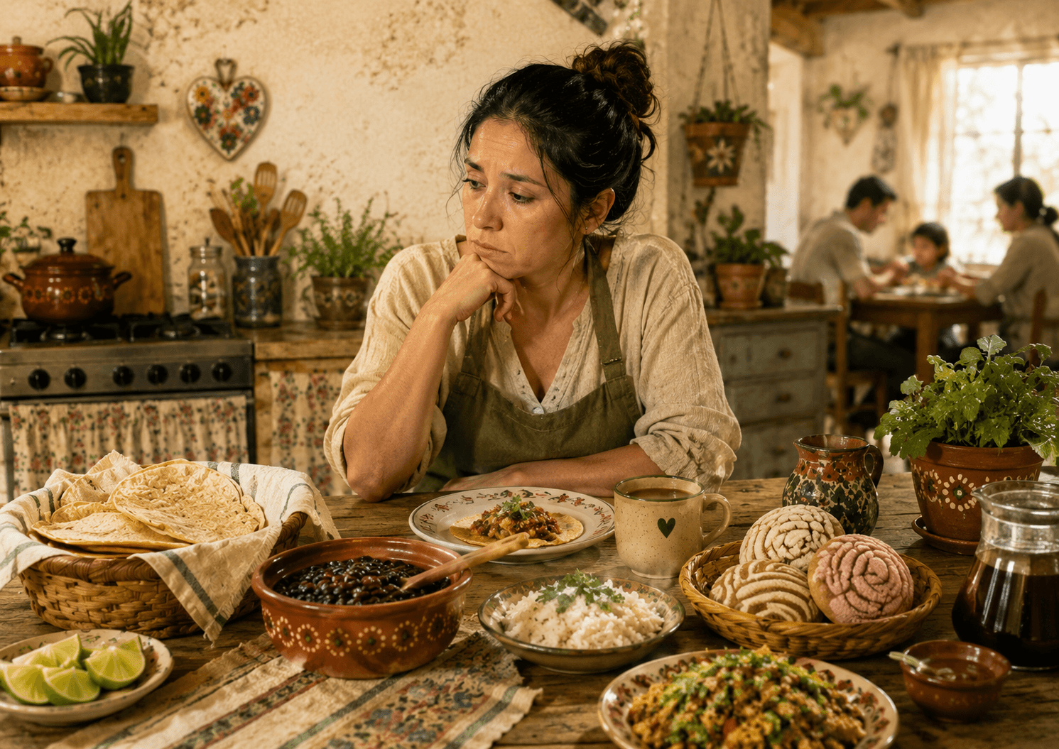 Mesa mexicana con comida tradicional y una persona pensativa al verla después de un diagnóstico de diabetes