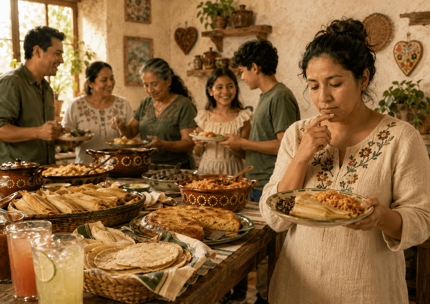 Persona frente a una mesa familiar mexicana haciendo el cálculo mental de qué puede comer con diabetes