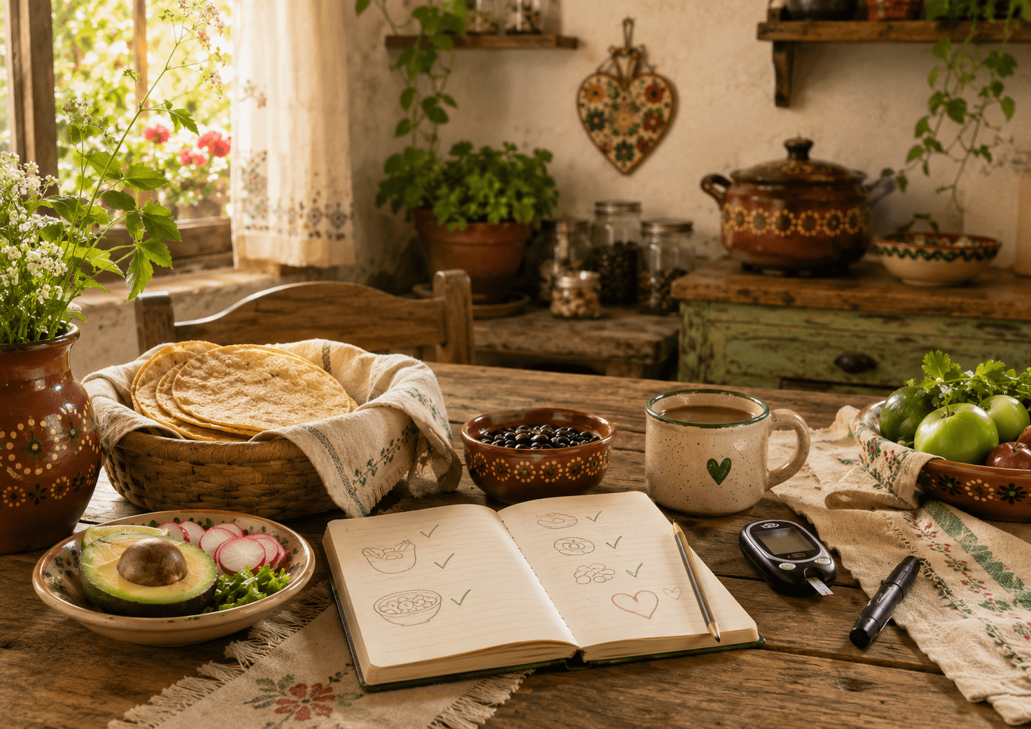 Cocina cálida con libreta, ingredientes mexicanos y glucómetro, representando aprender poquito a poquito a vivir con diabetes