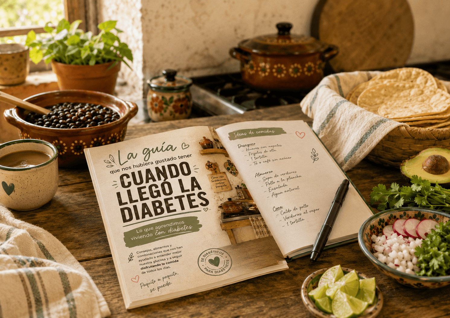 Guía para diabéticos abierta sobre una mesa de cocina con ingredientes mexicanos y notas prácticas
