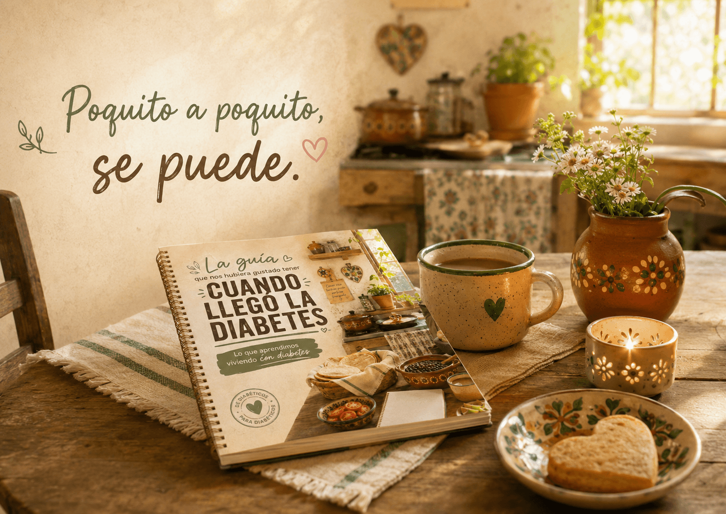 Guía para diabéticos sobre una mesa cálida con la frase poquito a poquito se puede