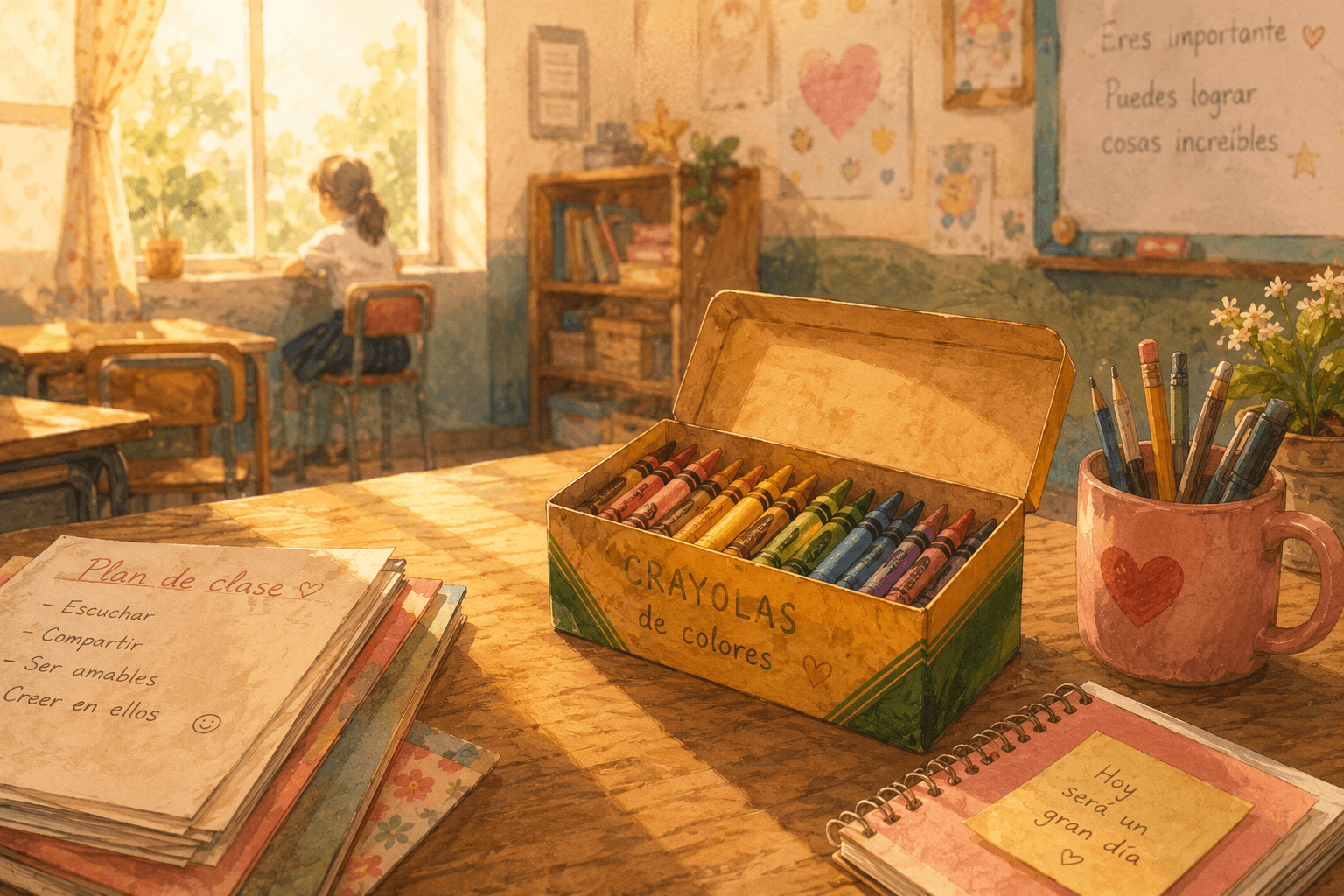 Caja de crayolas sobre el escritorio de una maestra mientras una niña mira por la ventana