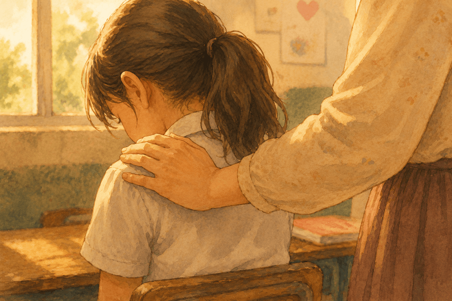 Una maestra pone su mano sobre el hombro de una niña triste dentro del salón de clases