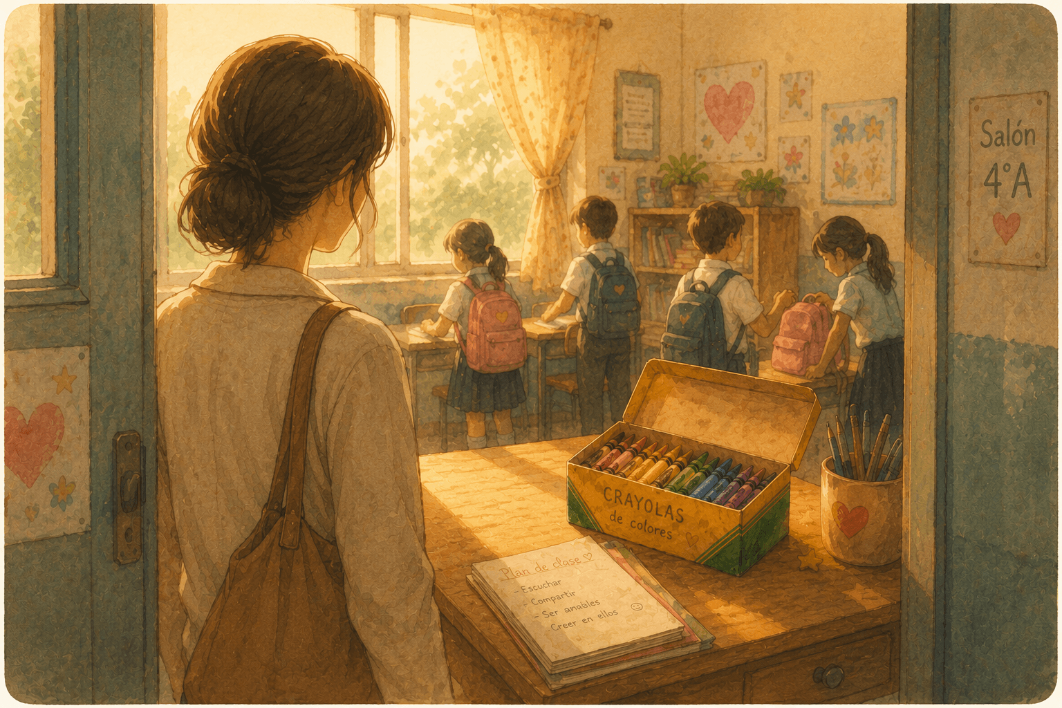 Valeria adulta observando un salón de clases mientras espera a su hija