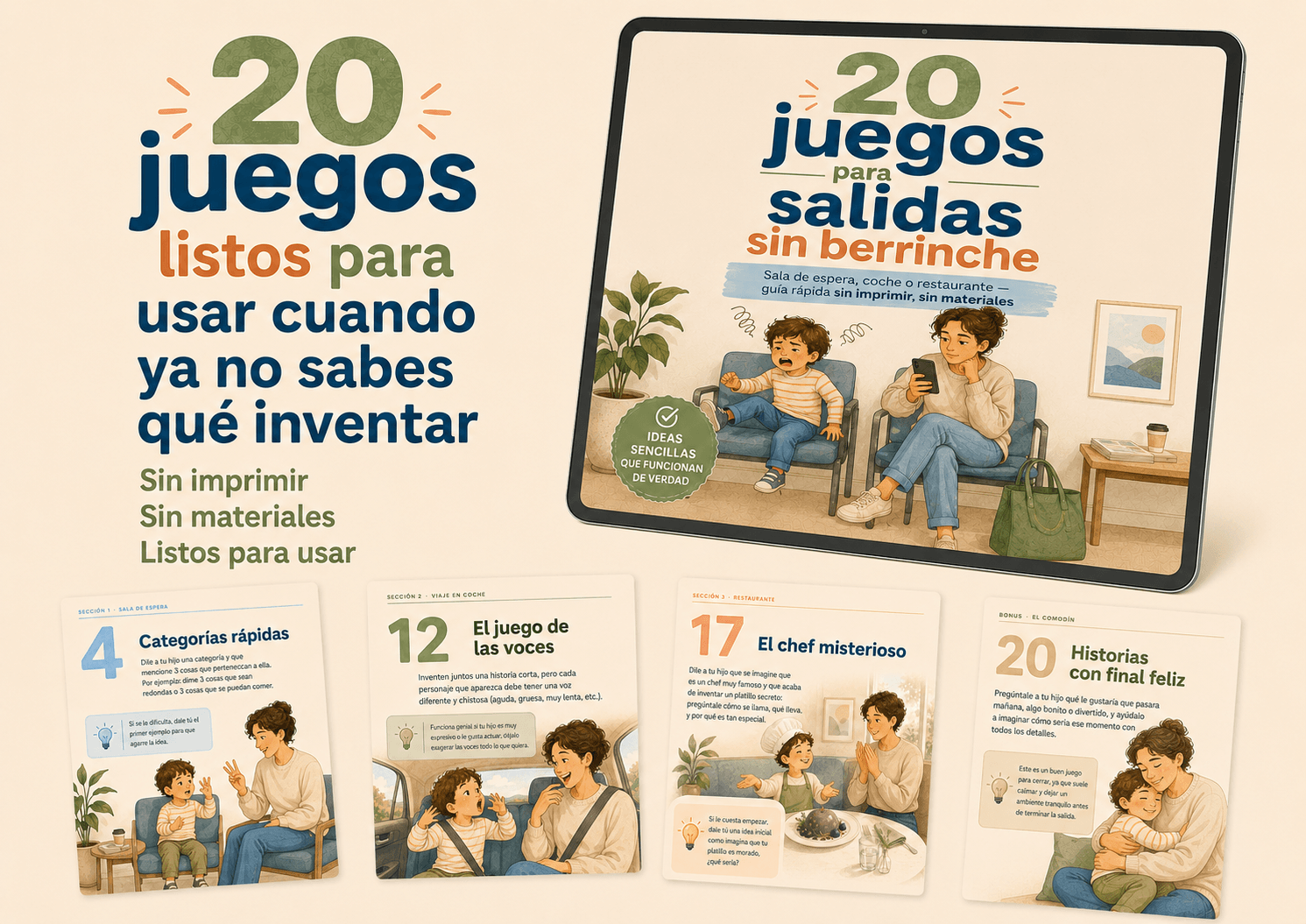 20 juegos para salidas sin berrinches, sin patanllas, para viajes, para restaurantes, para salas de espera. PDF descargable.