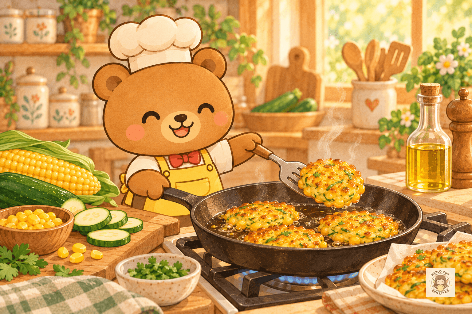 Koko cocina tortitas de elote con calabacita en un sartén hasta que quedan doraditas